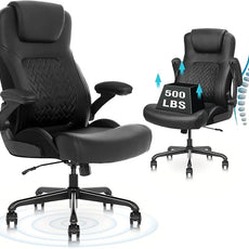 Ergonomic Executive Office Chair for Big & Tall - 500lbs Capacity with Lumbar Support & Flip-Up Armrests, Heavy Duty PU Leather Computer Desk Chair, Black