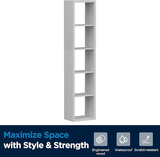 5 Cube Storage Organizer Single Row, Cube Shelf with Heavy-Duty Thick Boards, 13.31" L x 9.37" W x 60.55" H, Smooth Easy-Clean Panels, Simple Assembly, for Living Room Bedroom Office, White
