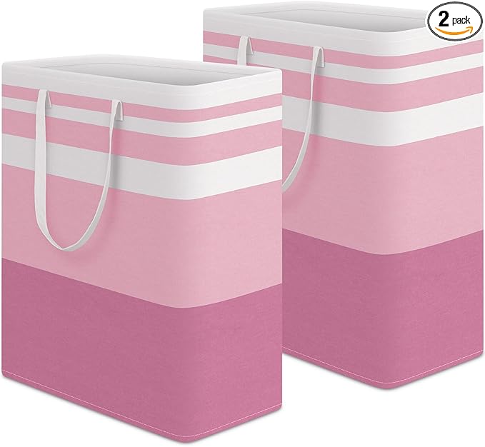 HomeHacks 2 Pack Large Laundry Baskets, Waterproof, Freestanding Laundry Hampers, Collapsible Clothes Hamper with Reinforced Handles in Laundry, College Dorm, Bathroom, Bedroom (Pink, 125Lx2)