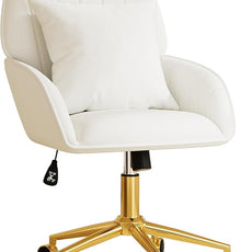 Home Office Desk Chair Comfy with Adjustable Swivel Wheels, Modern Velvet Makeup Vanity Chair with Back & Pillow, Ergonomic Office Chair Computer Task Chair for Living Room, Bedroom, White