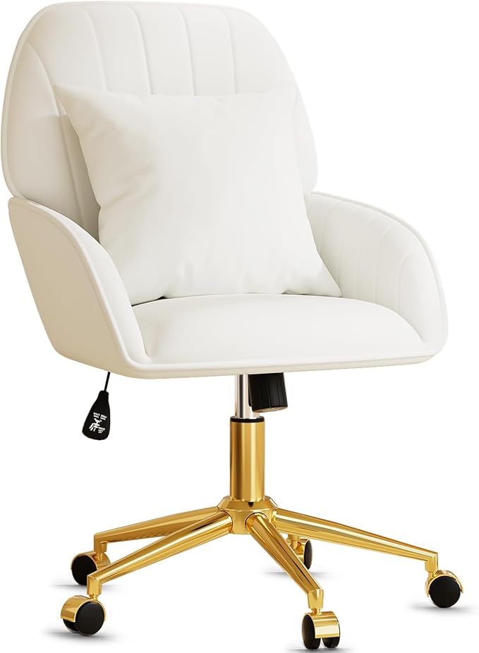 Home Office Desk Chair Comfy with Adjustable Swivel Wheels, Modern Velvet Makeup Vanity Chair with Back & Pillow, Ergonomic Office Chair Computer Task Chair for Living Room, Bedroom, White
