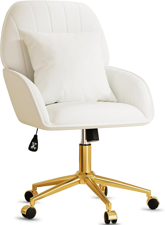 Home Office Desk Chair Comfy with Adjustable Swivel Wheels, Modern Velvet Makeup Vanity Chair with Back & Pillow, Ergonomic Office Chair Computer Task Chair for Living Room, Bedroom, White