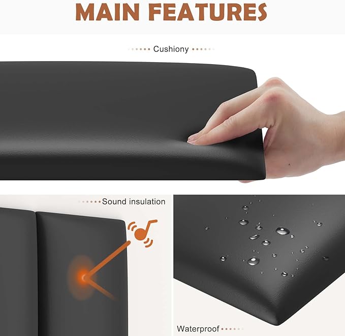 IFNOW Wall Mounted Upholstered Headboard Queen, 3D Peel and Stick Soundproof Panels, Reusable and Removable Padded Leather Bed Headboard, 9 Panels 9.84" x 23.62", Black