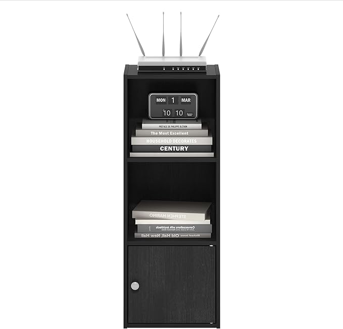 Furinno LUDER Book Shelf, 3-Tier Modern Bookshelf, Bookcase with 1 Door Storage Cabinet, 9.3 x 12 x 31.5, for Living Room, Bedroom, Home Office, Blackwood