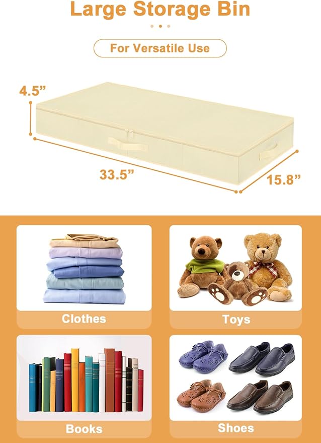 punemi 4.5 Inch Tall Low Profile Under Bed Storage Containers Bins, 2Pcs Shallow Flat Underbed Clothes Storage With Sturdy Structure Support, Under Couch & Sofa Storage For College Dorm Room, Beige