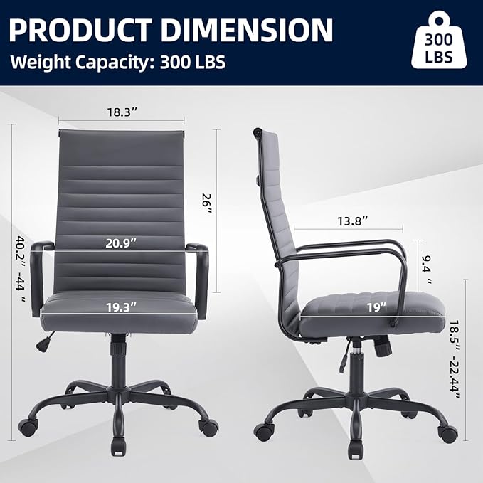 Office Chair, Ergonomic Executive Conference Room Chairs, Ribbed Leather Desk Chair with Lumbar Support, Adjustable Height Mid-Back Swivel Chair with Padded Seat