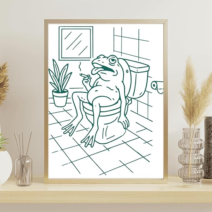 Jatinoo Funny Frog Bathroom Art Framed Canvas - 11.5x15 Inch Meme Wall Decor for Women Men, Cute Aesthetic Frog Decor, Funky Unique Bathroom Pictures for Forest Western Theme