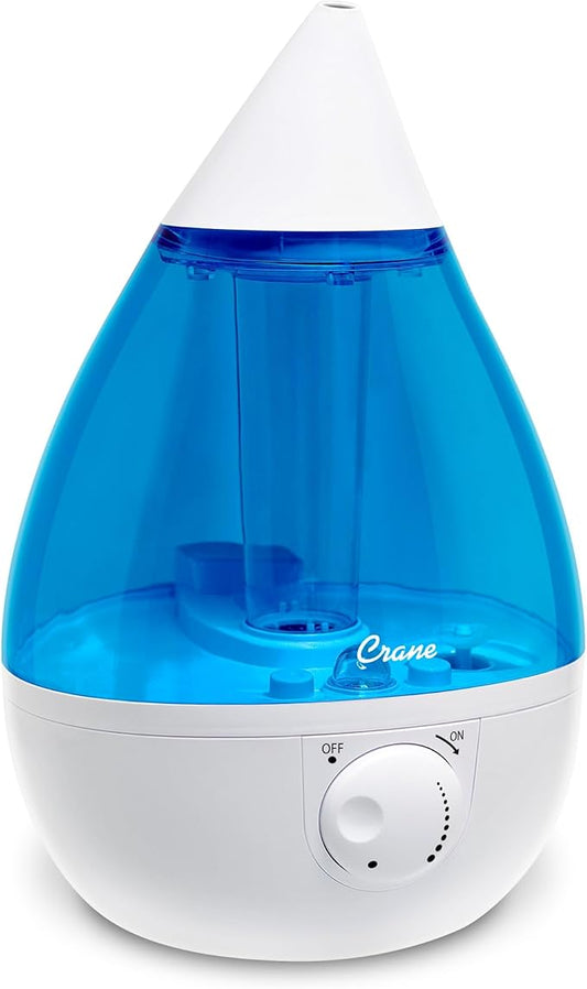 Crane Ultrasonic Cool Mist Teardrop Humidifier for Baby Nursery, Bedroom, Office, Large Room, Adjustable Humidity, Auto Shut-Off, Easy Clean Blue & White 1 Gallon