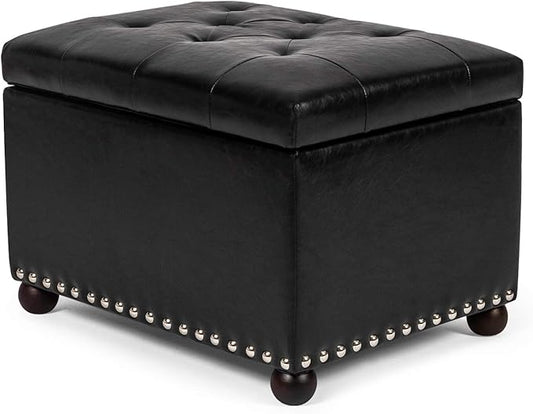 Joveco Leather Storage Ottoman, 24" Rectangle Tufted Foot Rest Stool, for Living Room Bedroom, Midnight Black