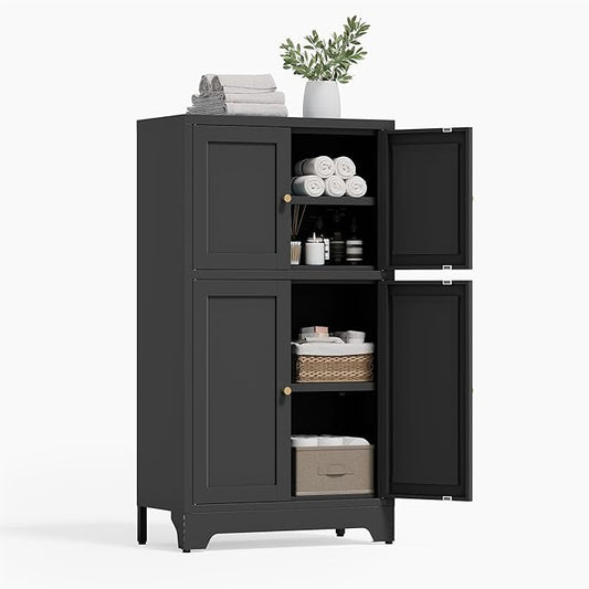 Black Bathroom Floor Cabinet, Metal Storage Cabinets with 4 Doors & 2 Adjustable Shelves, Freestanding Sideboard for Dining Room,Living Room, Home Office