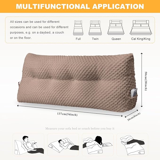 Large Triangular Headboard Wedge Pillow Soft and Supportive Headboard Backrest Positioning Support Bolster Cushion, Bed Wedge Pillow with Removable Cover(Brown,Full,54x8x20inch)