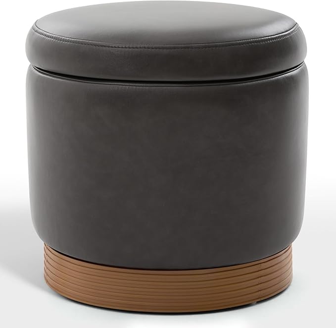 Round Storage Ottoman,Swivel Vanity Stool-Smooth Faux Leather Foot Rest,Footstool Pouf with Sturdy Acacia Wood Frame(500lbs),Small Coffee Table & Hidden Storage Ottoman for Living Room