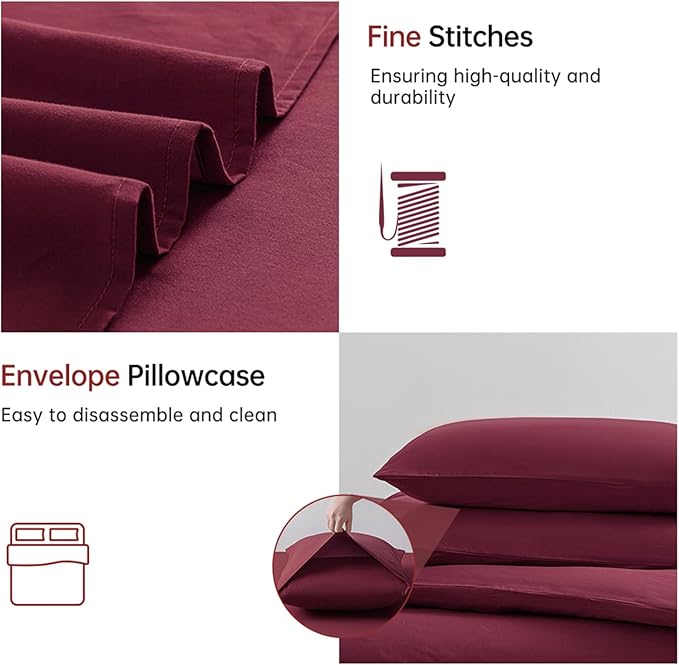 JELLYMONI Burgundy Duvet Cover King Size - 100% Washed Cotton Linen Like Textured Comforter Cover, 3 Pieces Breathable Soft Bedding Set with Zipper Closure (Burgundy, King 104"x90")