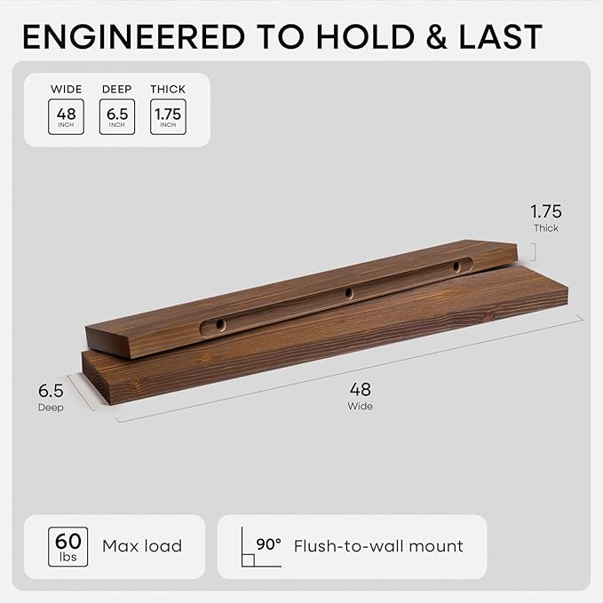Homeforia Classic Walnut 48 inch Floating Shelf, High End Solid Real Wood Small 48inch Floating Shelves for Wall Mounted, 48in Floating Shelves, Heavy Duty Bracket, 48 X 6.5 X 1.75 inches, Set of 2