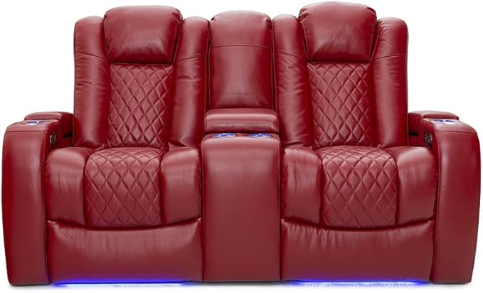 Seatcraft Anthem Home Theater Seating - Italian Leather - Power Recline Loveseat - Center Storage Console - Powered Headrests - Arm Storage - USB Charging - Cup Holders, Red