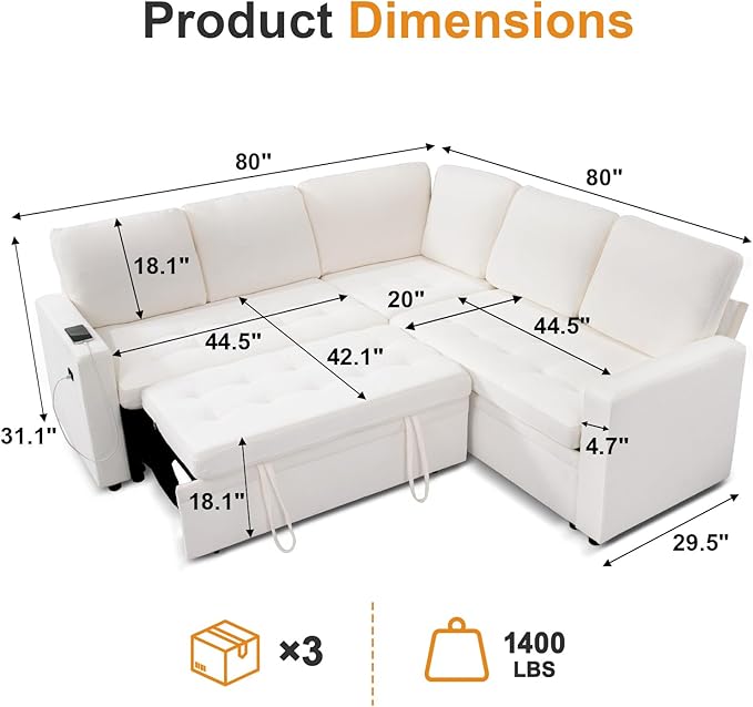 WEUP 5 Seat L Shaped Sectional Sleeper Sofa Bed with Pull Out Bed, Chenille Sectional Sleeper Couch with Adjustable Backrest, USB Ports & Storage Seat, Tool-Free Assembly, Chenille Beige