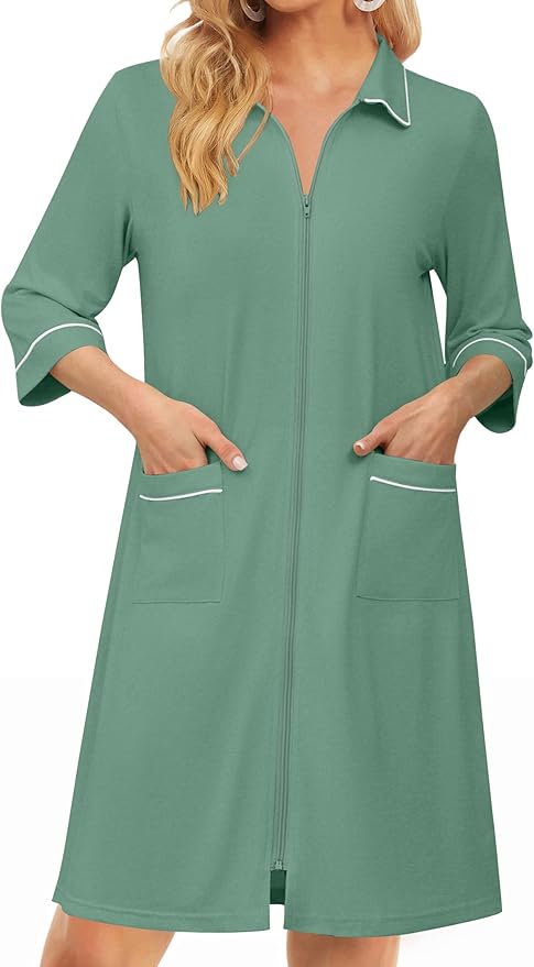 Ekouaer Zipper Robes for Women 3/4 Sleeve Housecoats Knee Length Bathrobe Lightweight Nightgown with Pockets S-3XL