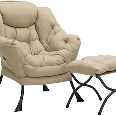 HollyHOME Lazy Chair with Foldable Ottoman, Accent Comfy Lounge Armchair and Folding Footrest Stool, Leisure Sofa Reading Chair and Footstool for Living Room, Bedroom, Dorm,Cotton-Linen Tan