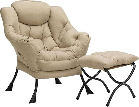HollyHOME Lazy Chair with Foldable Ottoman, Accent Comfy Lounge Armchair and Folding Footrest Stool, Leisure Sofa Reading Chair and Footstool for Living Room, Bedroom, Dorm,Cotton-Linen Tan