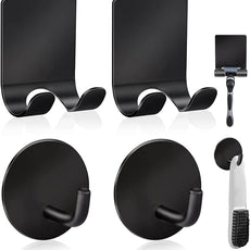 Diesisa Razor Holder 304 Stainless Steel for Shower + Adhesive Sticky Heavy Duty Waterproof Wall Hooks, Premium for Hanging Towels, Coat, hat (2+2 Pack) - Black