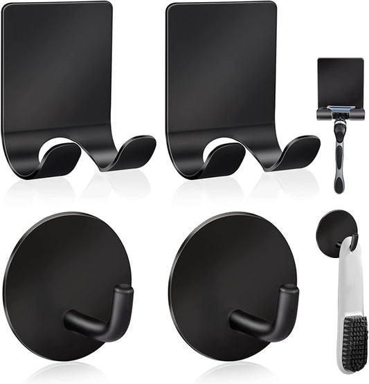 Diesisa Razor Holder 304 Stainless Steel for Shower + Adhesive Sticky Heavy Duty Waterproof Wall Hooks, Premium for Hanging Towels, Coat, hat (2+2 Pack) - Black