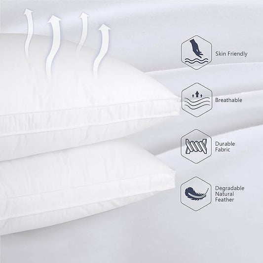 Standard Size Down Pillow - Single Goose Feather & Down Pillow 440 Fill Power with 100% Cotton Cover, Hypoallergenic, Medium Support