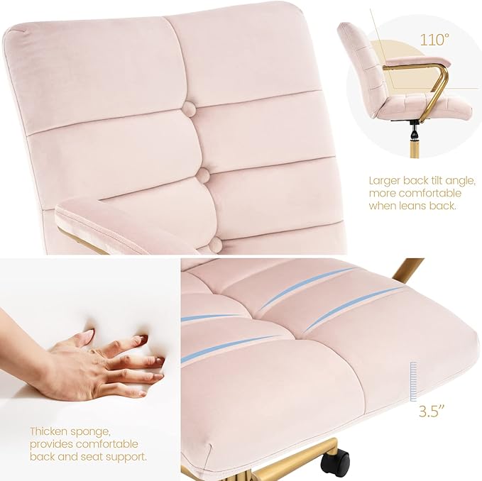 Velvet Home Office Desk Chair, Upholstered Adjustable Swivel Task Chair with Wheels, Tufted Mid-Back Computer Chair with Arms, for Study Living Room Vanity (Pink, Gold Base)