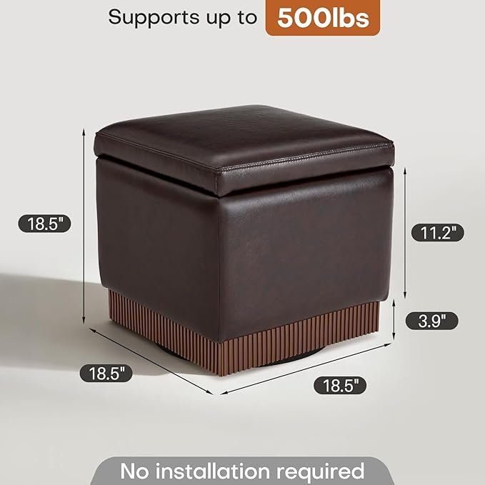 Square Ottoman with Storage,Swivel Vanity Stool-Faux Leather Foot Rest,Upholstered Footstool Pouf with Sturdy Acacia Wood Frame(500lbs),Small Coffee Table & Hidden Storage for Living Room