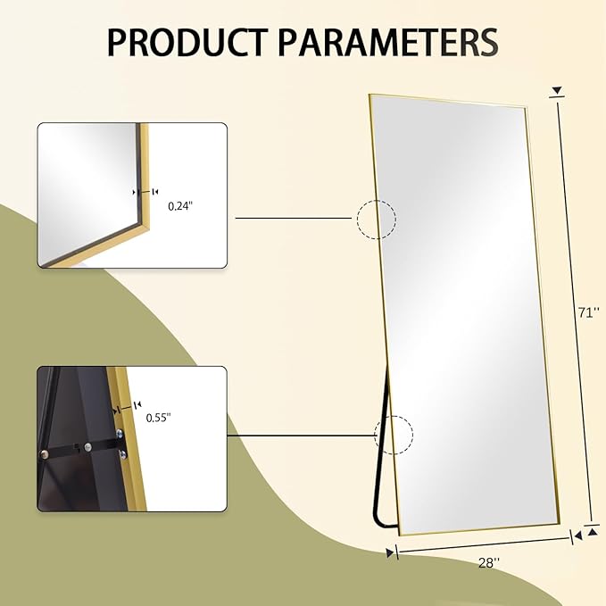 BEAUTYPEAK Full Length Mirror, 71"x26" Standing Hanging or Leaning Against Wall Floor Mirrors Body Dressing Wall-Mounted for Living Room, Bedroom with Aluminum Alloy Thin Frame, Gold
