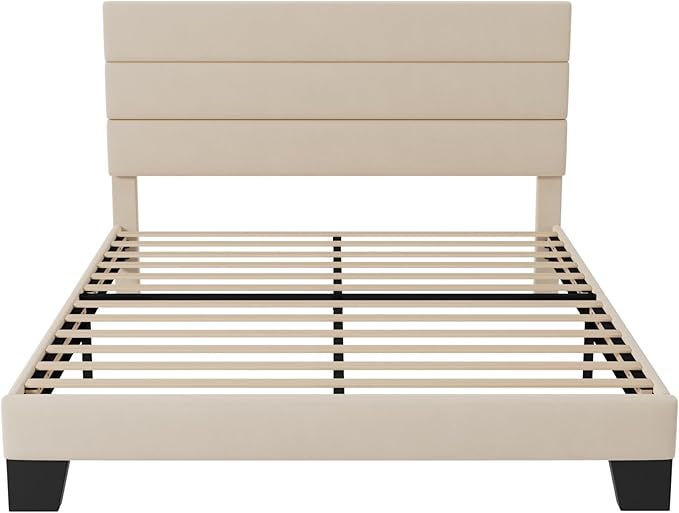Allewie Full Size Platform Bed Frame with Velvet Upholstered Headboard and Wooden Slats Support, Fully Upholstered Mattress Foundation/No Box Spring Needed/Easy Assembly, Cream