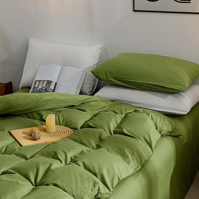 JELLYMONI Christams King Size - 100% Washed Cotton Linen Like Textured Comforter Cover, 3 Pieces Breathable Soft Bedding Set with Zipper Closure (Avocado Green, King 104"x90")