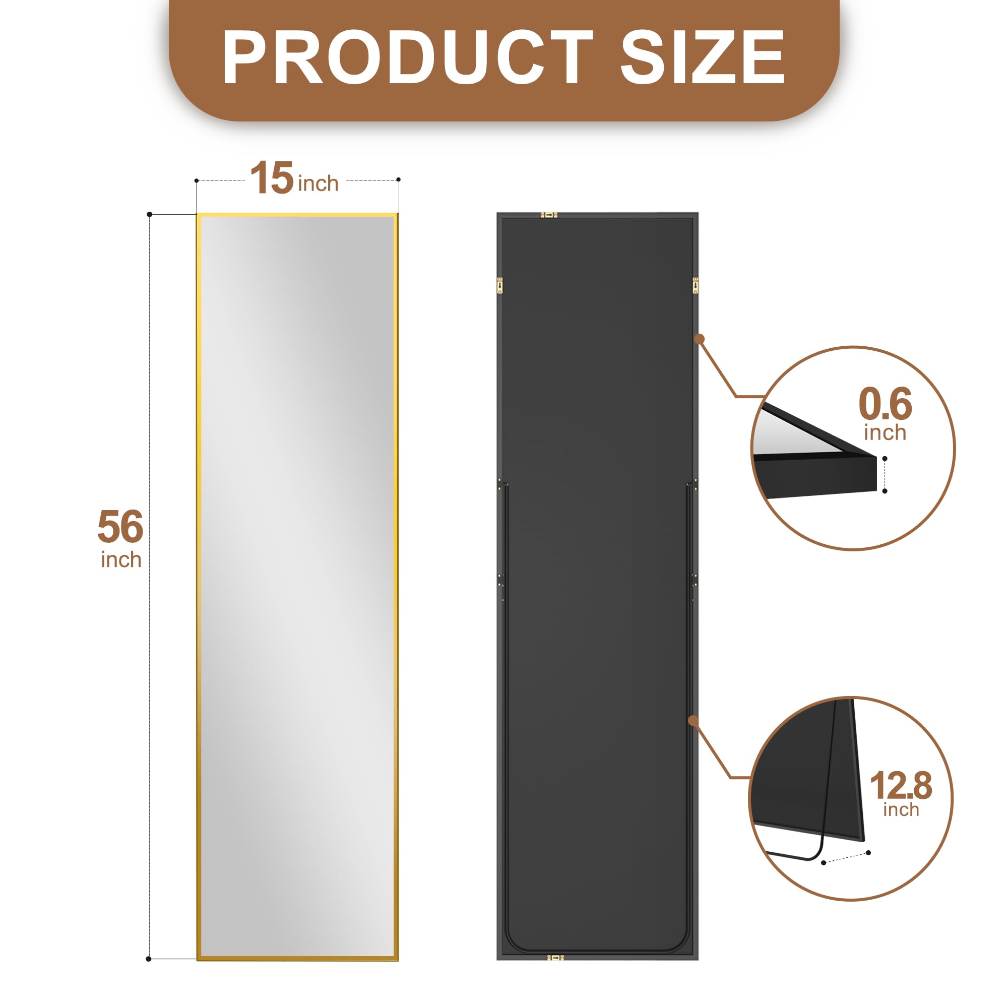 Delma Wall Full Length Mirror,Standing Mirror Full Body,Large Floor for Wall Door Bedroom Bathroom Living Room with Aluminium Frame(with Stand,56x15-Black) Dormly