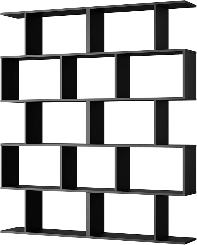 Cozy Castle Set of 2 Geometric Bookcase, S-Shaped Modern Bookshelf, Room Divider Bookshelf, 62" Tall Unique Abstract Bookcase with 5-Tier Display Shelf for Living Room Office, Black
