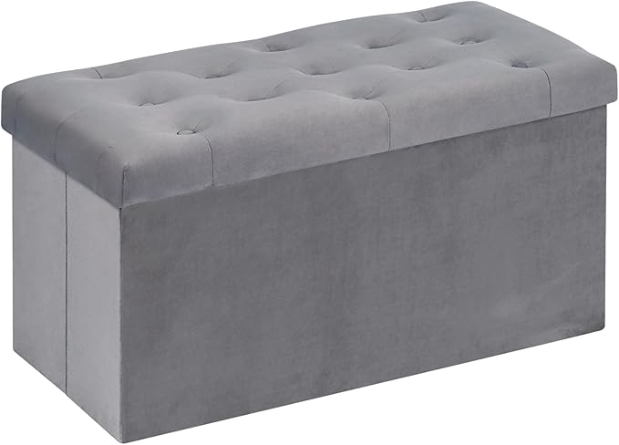 B FSOBEIIALEO Folding Storage Ottoman, Long Ottomans Shoes Bench, Velvet Storaeg Chest Footrest Seat 31.5"x15.7"x15.7" (Grey, Large)