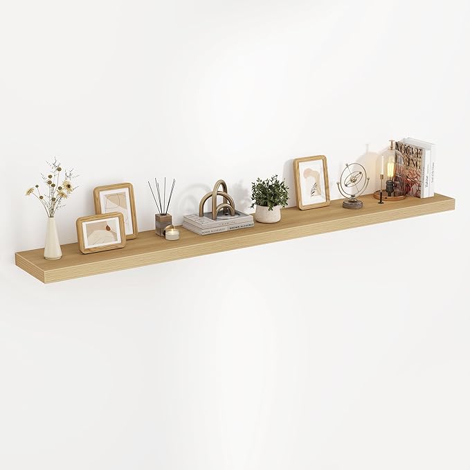 72 Inch Floating Shelves, 3D Textured Wood Grain, 72"x9.25"x1.5" Inch Deep Floating Shelves for Wall, Wooden Shelves for Bathroom, Bedroom, Living Room, Natural, 1 Piece