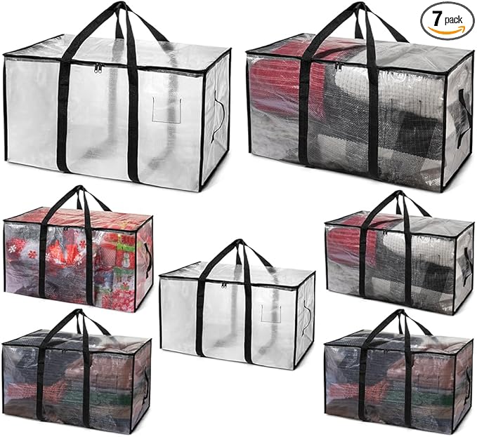 ClearSpace Heavy Duty Moving Bags or Storage Bags – Clear Storage Bins with Lids, Large Moving Boxes with Backpack Straps & Zippers,– Packing Box & Moving Supplies for College Dorm, 7 Pack