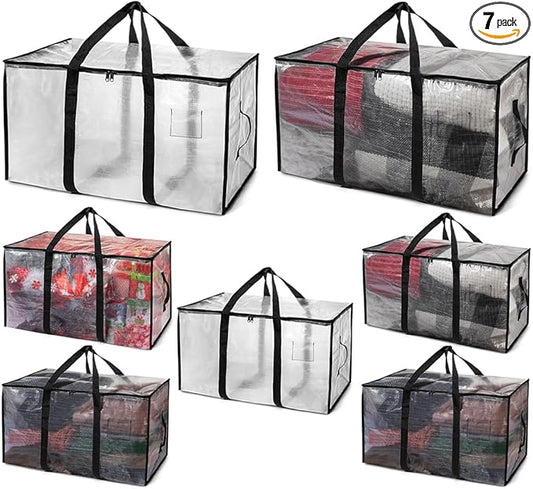 ClearSpace Heavy Duty Moving Bags or Storage Bags – Clear Storage Bins with Lids, Large Moving Boxes with Backpack Straps & Zippers,– Packing Box & Moving Supplies for College Dorm, 7 Pack