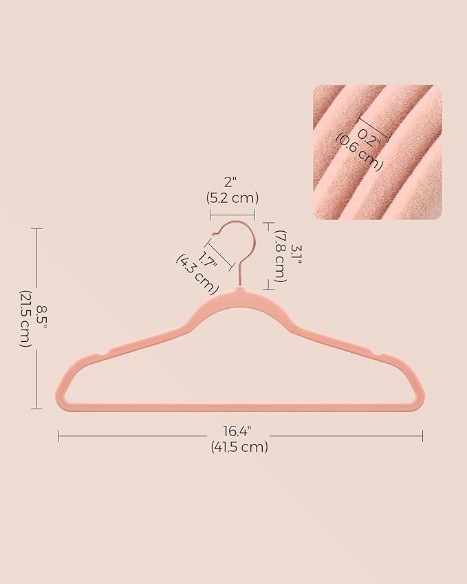 SONGMICS Slim Velvet Hangers, Non-Slip Clothes Hangers with Rose Gold Swivel Hooks, Space-Saving, for Closet, 100 Pack, Pink UCRF026R100