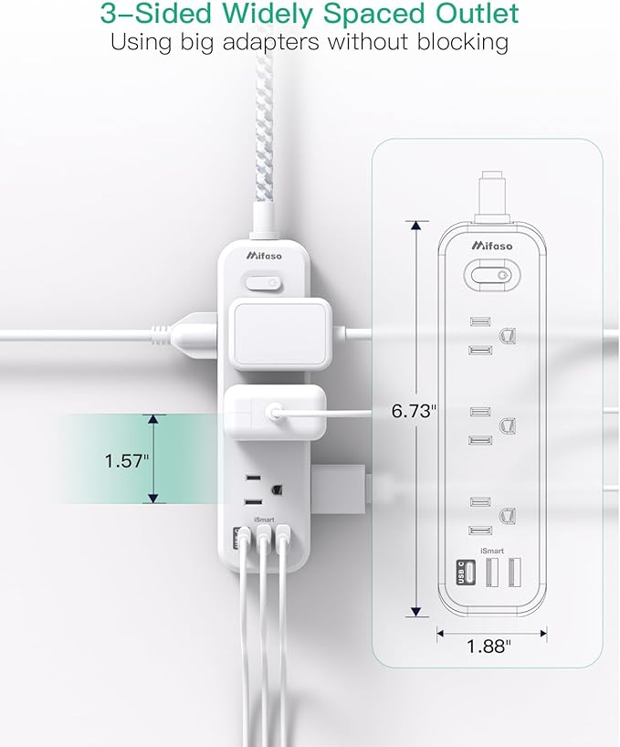 Mifaso Extension Cord, Surge Protector Power Strip, Long Extension Cord with 9 Outlets 3 USB Ports, Extension Cord with Multiple Outlets, USB Power Strip for Dorm Room Essentials, College(25FT, White)