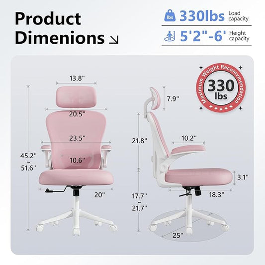 Ergonomic Office Chair M903, Computer Desk Chair with Wheels, High Back Mesh Office Chair with Adjustable Lumbar Support, Headrest, Flip-Up Armrests, Pink