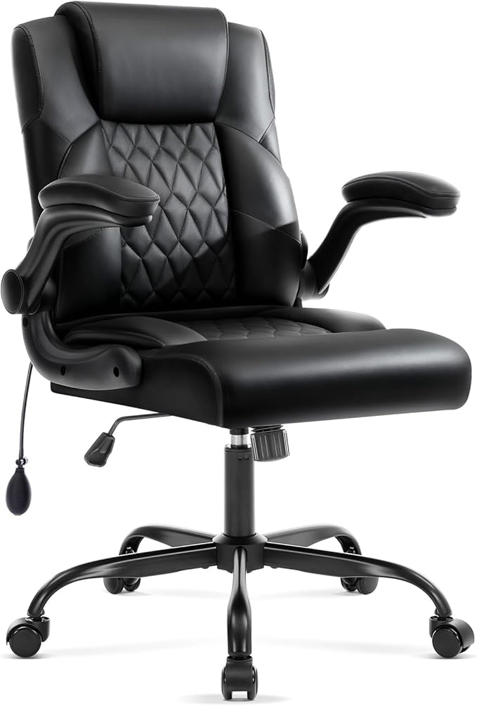 Office Chair with Adjustable Inflatable Lumbar Support,Leather Ergonomic Computer Desk Chair with Flip-up Arms,Adjustable Tilt Lock,Swivel Rolling Executive PC Chair for Work,Study,Meeting.Black