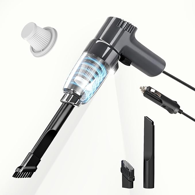 Car Mounted Vacuum Cleaner - 7000PA High-Power Suction, Dry & Wet Dual-Purpose, Portable Mini Handheld Vacuum with LED Light & Attachments, Ideal for Car Interior, Pet Hair, Dust & Debris (Grey)