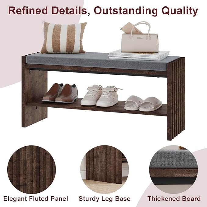 BON AUGURE Mudroom Entryway Bench with Shoe Storage, Shoe Rack Bench with Cushion, 2-Tier Wood Benches for Bedroom, Living Room, Hall (Rustic Oak, 40 in Wide)