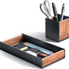 UPERGO Walnut Desk Tray with Pen Holder Set, Natural Wooden Desk Drawer Organizer Office, Organizer Tray for Keys, Pen, Watch