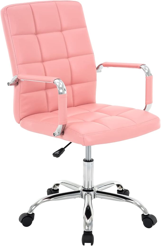 High Back Desk Chair, Modern PU Leather Home Office Task Chair with Arms, Adjustable Swivel Computer Executive Chair with Wheels (Pink)