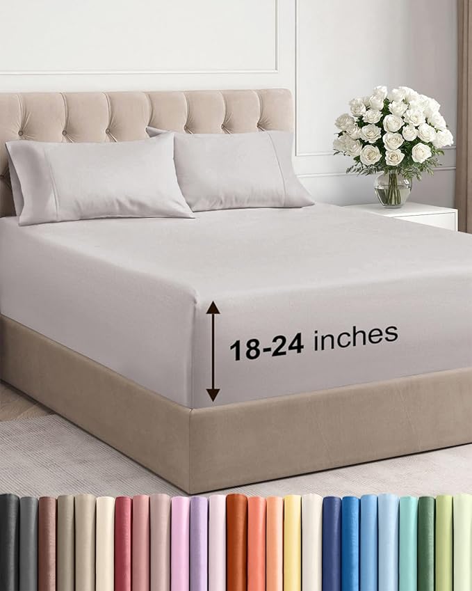 Extra Deep Pocket King Sheets - 4 Piece Breathable & Cooling Bed Sheets - Hotel Luxury Bed Sheet Set - Soft, Wrinkle Free & Comfy - Easily Fits Extra Deep Mattresses - Deep Pocket Light Grey Sheets