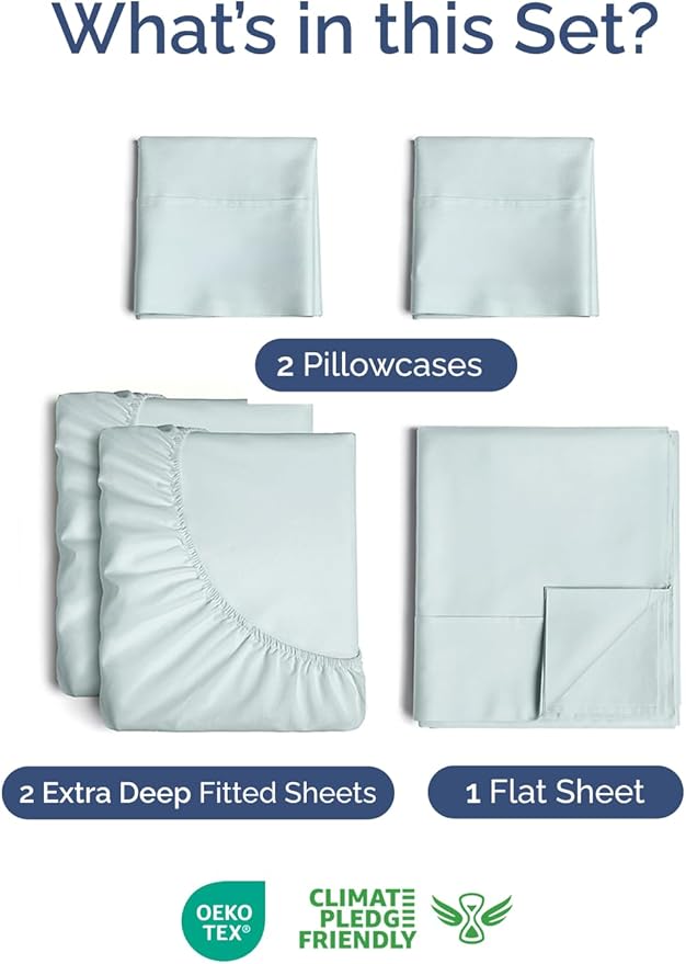 Extra Deep Pocket Split King Sheets - 5 Piece Breathable & Cooling Bed Sheets - Hotel Luxury Sheet Set - Soft, Wrinkle Free & Comfy - Easily Fits Extra Deep Mattresses - Deep Pocket Ice Blue Sheets
