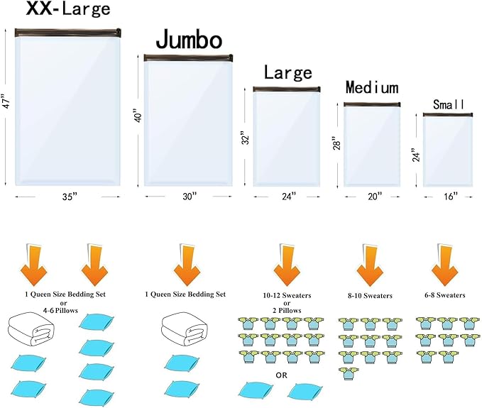 10 Small Vacuum Storage Bags, Space Saver Sealer Compression Bags for Blankets, Comforters, Pillows, Clothes Storage