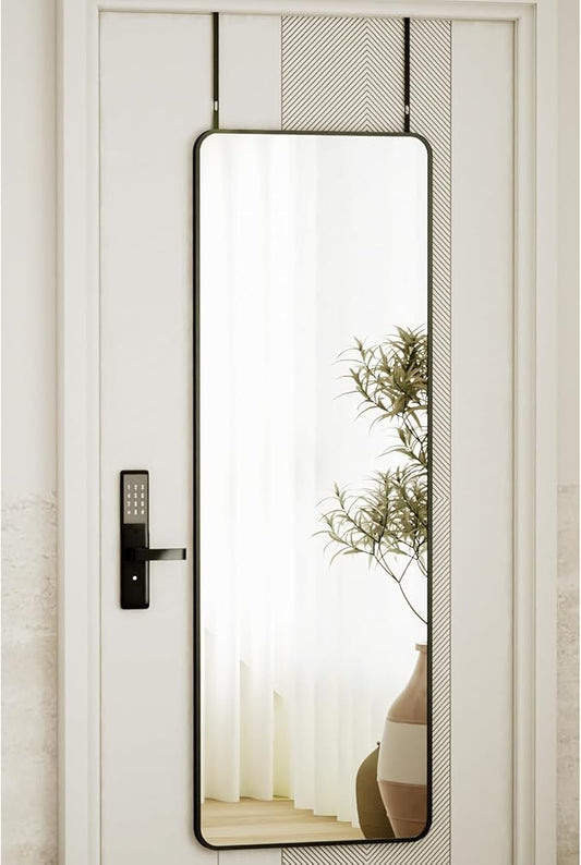 VooBang 14"x48" Full Length Over The Door Mirror - Aluminum Alloy Frame Full Body Mirror with Height-Adjustable Hangers, Hanging Leaning Against Wall for Dorm, Black