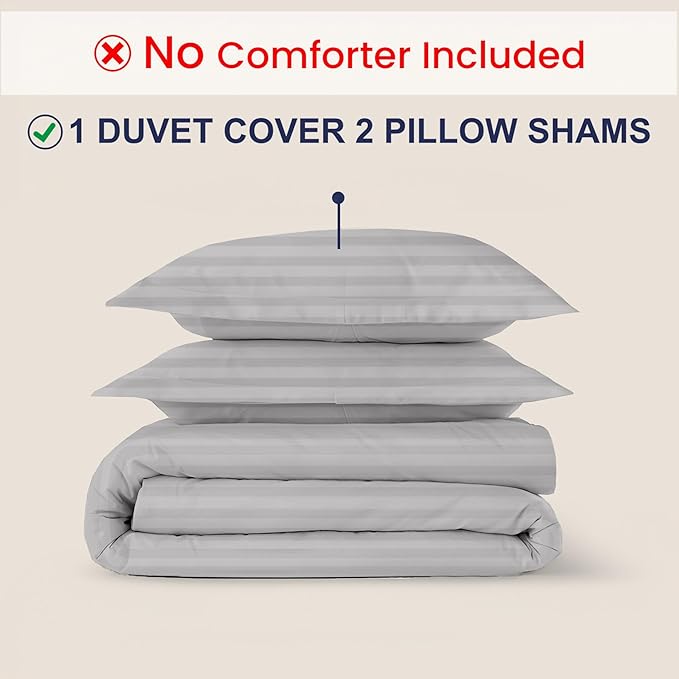 Kotton Culture 3 Pc Queen Size Duvet Cover Set- 100% Egyptian Cotton Sateen 600 TC Ultra Soft Premium Durable Comforter Cover Zipper Closure & Corner Ties (Striped Silver, Queen/Full 90" X 90")